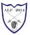 Albertslund Fægteklubs logo - en slags våbenskjold med to krydsede kårder, en fægtemaske og teksten ALF 2014